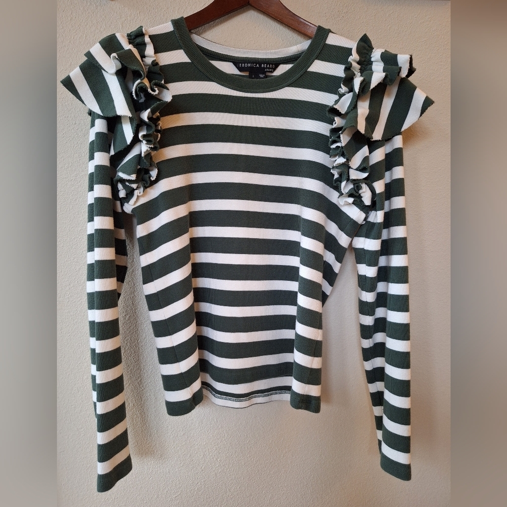 Veronica Beard Womens Striped Ruffle Sleeve Washed Green/White Top Size L